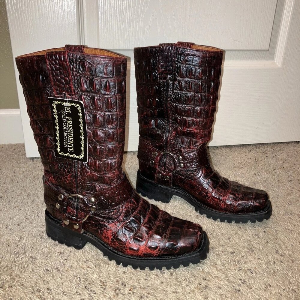 EL PRESIDENTE GOLD COLLECTION Harness Boots BLACK CHERRY Alligator - Sz 6.5 NEW!